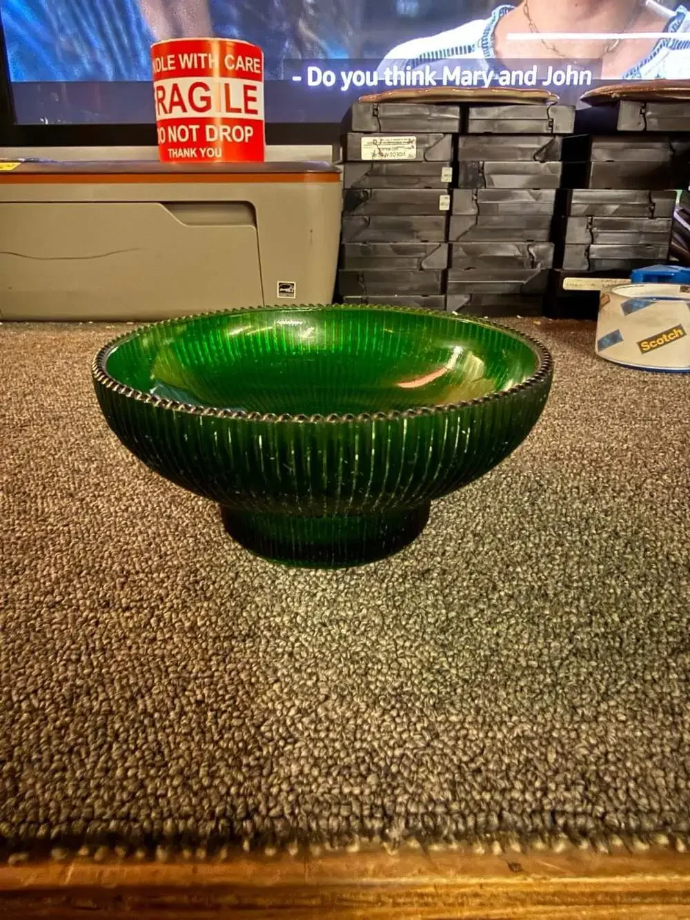 Vintage Hoosier Glass Emerald Green Ribbed Pedestal Bowl No. 4054